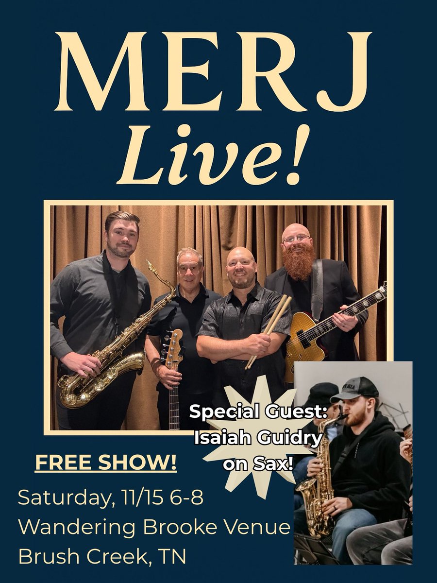 NOTESxNOISE's tweet image. Our next MERJ show is coming up! We will be playing at the beautiful Wandering Brooke Venue in Brush Creek. We will be playing a mix of standards and originals, come on out!

#LiveMusic #NashvilleJazz #Nashville #Jazz #MerjMusic #JazzBluesQuartet