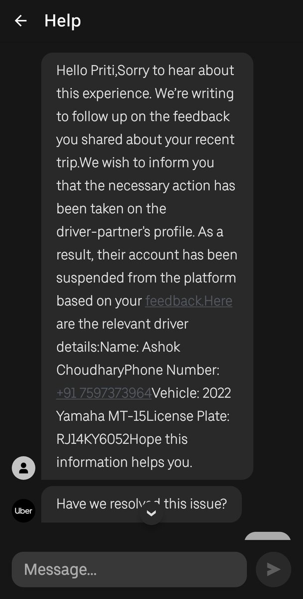 wings_divi97959's tweet image. #UberIndia #UberSupport #UberCare #CustomerRights #ParcelLost #UberResponsibility #JusticeForCustomers
👉 @Uber_India and @Uber_Support
“driver suspended.” That doesn’t solve my problem — I need my parcel please support parcel worth 8000 still missing