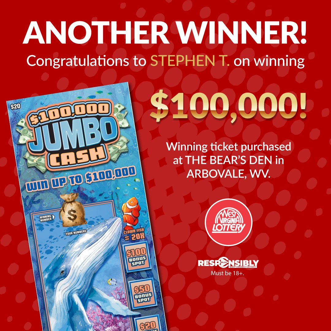 Congratulations to STEPHEN T. on winning $100,000 with a JUMBO CASH scratch-off, which was bought at THE BEAR’S DEN, in ARBOVALE, WV. #playwvlottery