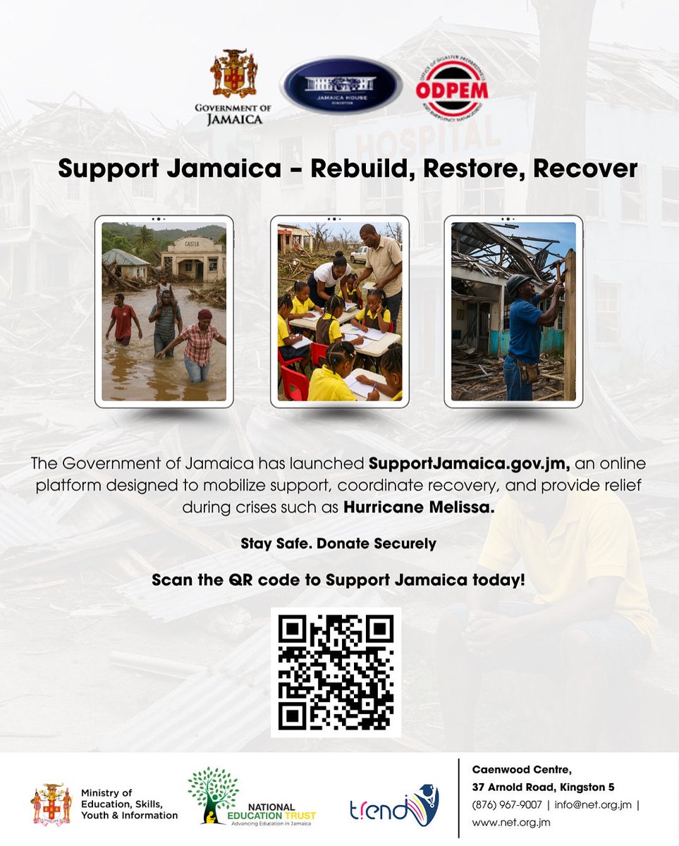🇯🇲 Support Jamaica – Rebuild. Restore. Recover. 🇯🇲

The Government of Jamaica has launched SupportJamaica.gov.jm to help our nation recover stronger. 🌱✨

📲 Scan the QR code or visit the website above to Support Jamaica!

Donate securely. 🔒

#SupportJamaica #HurricaneMelissa