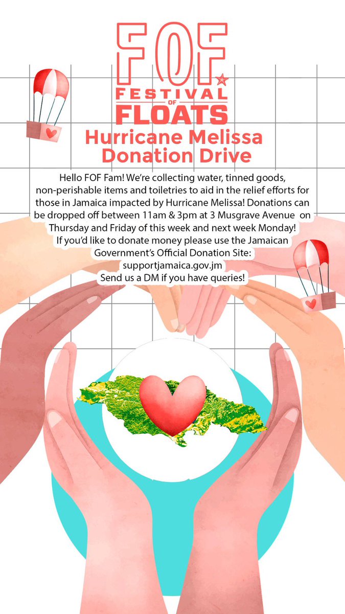Hello FOF Fam! We’re collecting donations efforts for those in Jamaica impacted by Hurricane Melissa! Donations can be dropped off between 11am &amp; 3pm at 3 Musgrave Avenue  on 
Thursday &amp; Friday of this week and next week Monday!