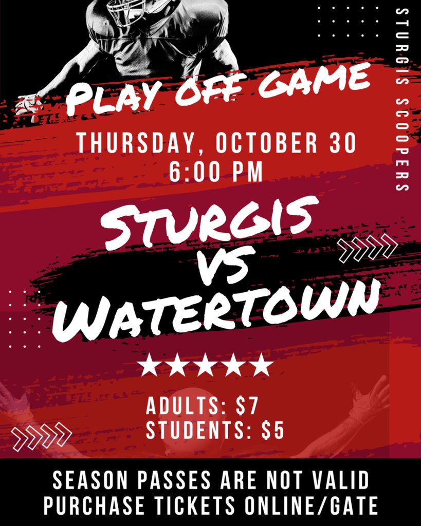 🚨 Scooper Fans — It’s Playoff Time! 🚨
Sturgis hosts a 1st-round football playoff game Thurs, Oct 30 at Woodle Field. Kickoff: 6 PM.

💵 $7 adults | $5 students (season passes not valid)
🚫 No signs, flags, noise makers, or balls allowed.
📣 Let’s cheer loud! Go Scoopers! 🖤❤️🤍