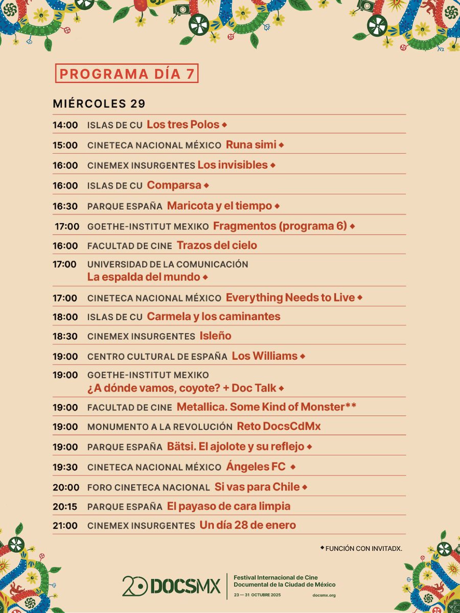 🎥 ¡Hoy el #20DocsMX vibra con historias de migración, música y futbol! 

El Reto DocsCdMx toma el Monumento a la Revolución con los cortos creados en 100 horas.

Hoy el festival está más vivo que nunca. Descubre todo lo que podrás ver hoy.

Visita linktr.ee/20docsmx