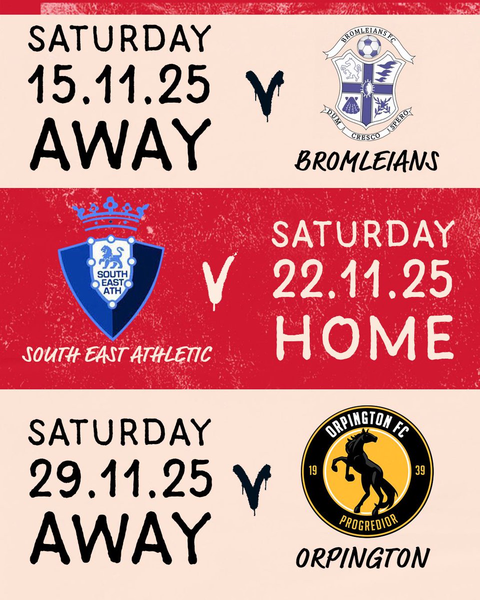 📆 NOVEMBER FIXTURES 📆

Five league games this month, starting with 2 at home, away, home and then away against <a href="/StansfeldFC/">Stansfeld FC</a> O&amp;B Res, <a href="/idehillfc/">Ide Hill FC</a>, <a href="/Bromleians/">Bromleians FC</a>, <a href="/southeastath/">South East Athletic</a> &amp; <a href="/OrpingtonFC1st/">Orpington FC 1st Team</a> respectively. Please note, all are 2pm KOs.

♥️⚽💙🇹🇭💙⚽♥️
#Peckham #Dulwich