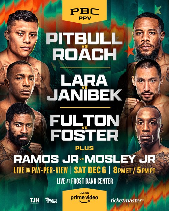 Promotional poster in green and orange tones displays PBC PPV logo at top with four boxing matchups below: left side shows Erislandy Lara facing Janibek Alimkhanuly both in suits; below them Stephen Fulton Jr facing O'Shaquie Foster in suits; right side Jesus Ramos Jr facing Shane Mosley Jr in suits; bottom text indicates live pay-per-view on Saturday December 6 at 8 PM ET from MGM Grand Garden Arena with logos for Prime Video Ticketmaster and TJH