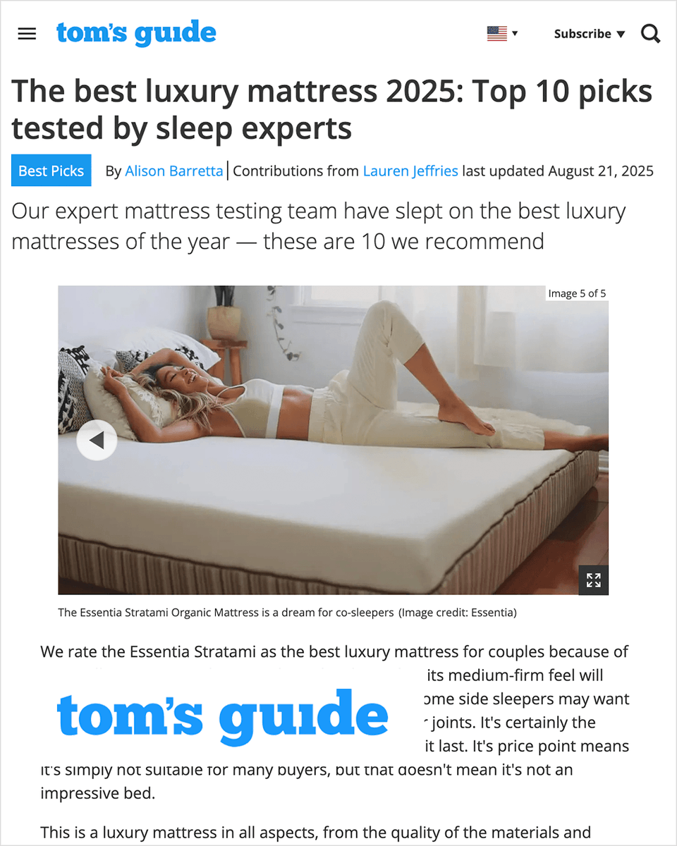 Rated by <a href="/tomsguide/">Tom's Guide</a> as the Best Luxury Mattress for Couples 💤✨ The Essentia Stratami combines organic materials, motion isolation, and edge support for next-level sleep. 🌿
