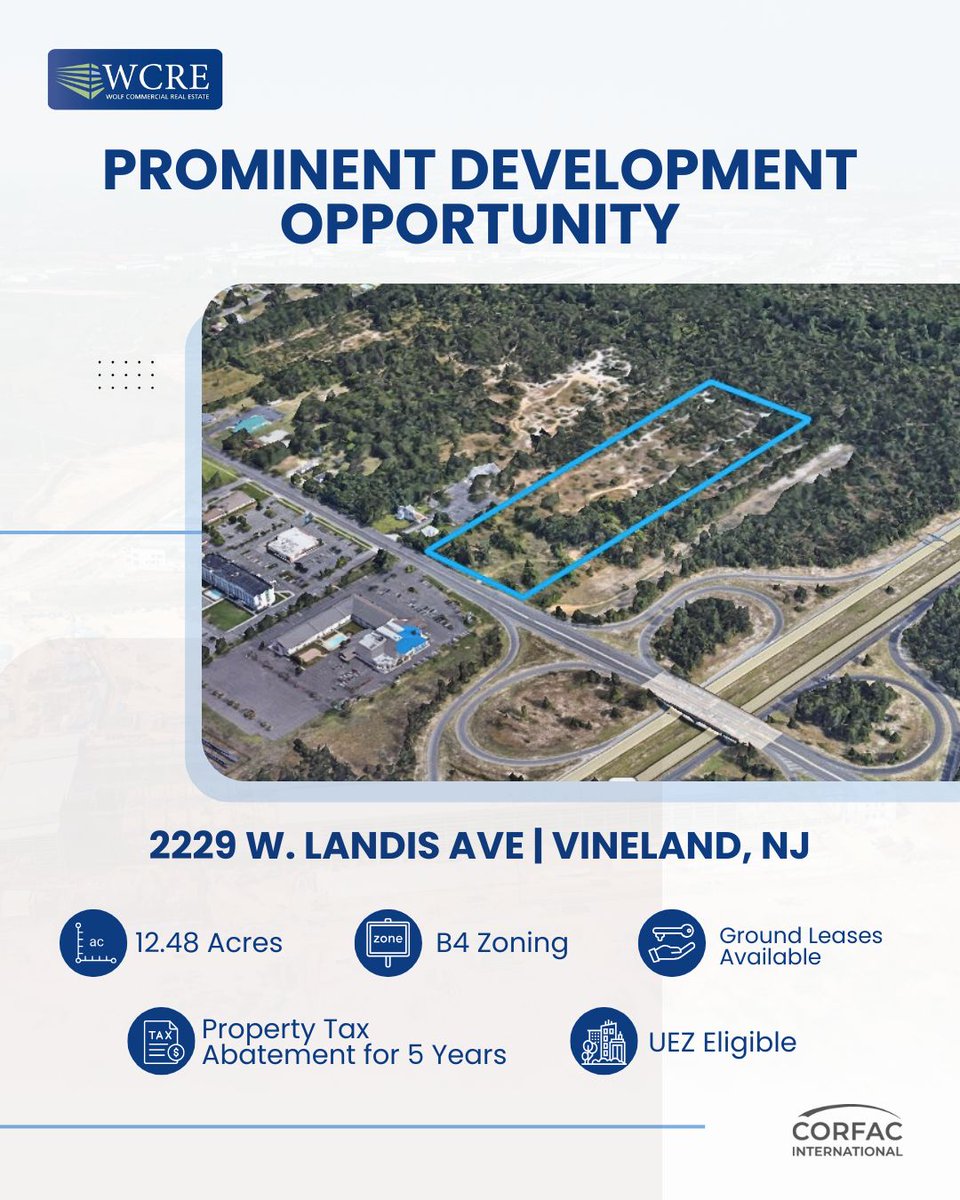 Now available in Vineland!

Strategically located near Route 55 (Exit 32A), this highly visible site on bustling Landis Ave (18,750 VPD) is the perfect spot for your next venture.

2229 W. Landis Ave: wolfcre.com/listing/2229-w… 
Contact Eric Flocco or Ryan Barikian for details.