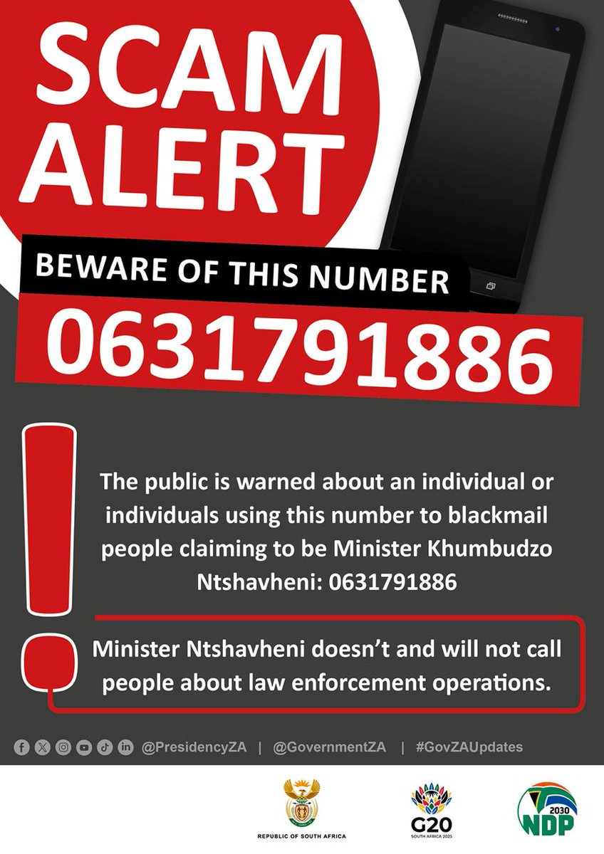 🚨 SCAM ALERT 🚨

The public is cautioned against an individual or group impersonating Minister Khumbudzo Ntshavheni and using this number to blackmail or defraud people.

⚠️ Do not engage or share personal information.
Report suspicious activity to the authorities immediately.