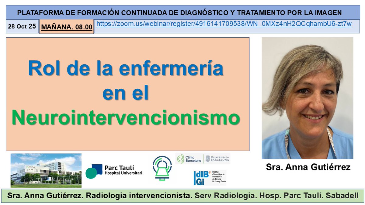 salvasapedraza's tweet photo. Interessant sessió de la Sra Ana Gutiérrez.  “ Rol de la infermeria al Neurointervencionisme” amb moderació del Sr David Buján. @hospitalclinic @GENI_NRXI @idibaps @idibgi @htrueta @Radiolegs_CAT @seram_rx @AreaHjt @myESR @RSNA https://t.co/WcBKrVTyGg