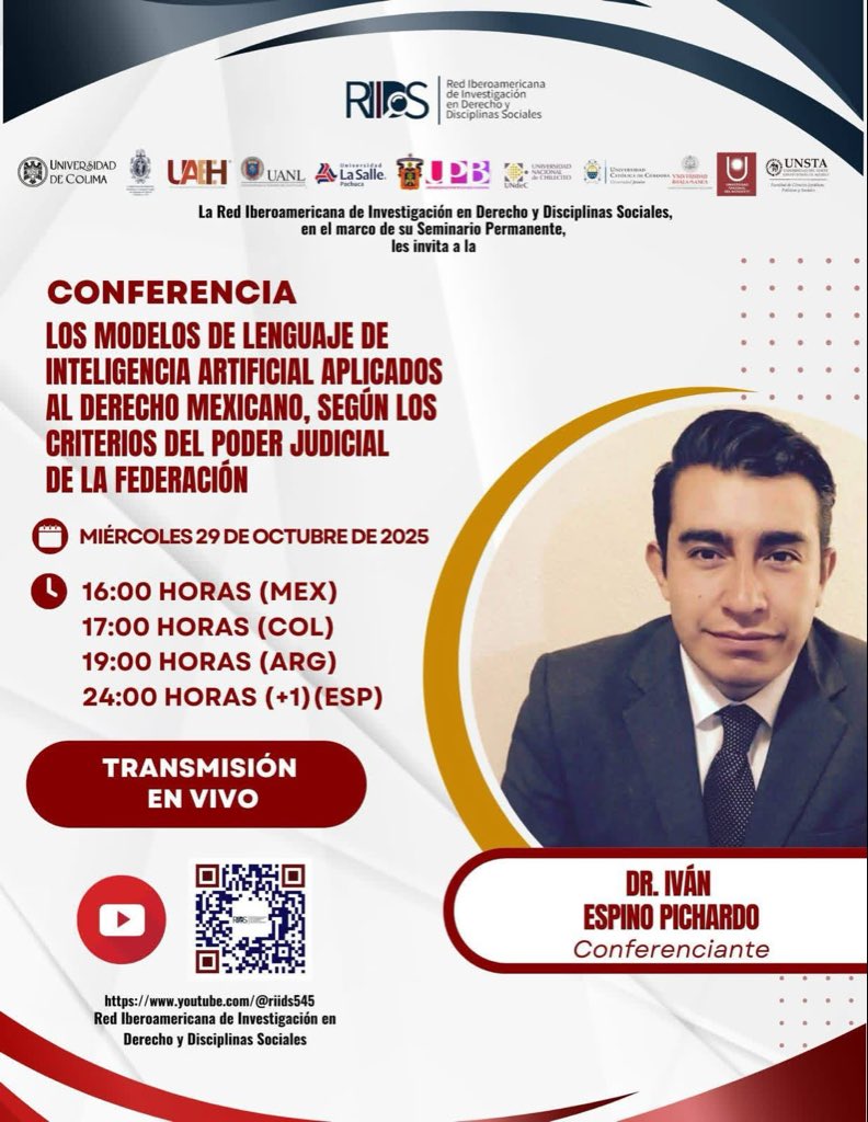 Me dará mucho gusto que me acompañen, es una conferencia organizada por la  Red Iberoamericana de Investigación en Derecho y Disciplinas Sociales.

#TrabajandoPorLaPaz 🕊