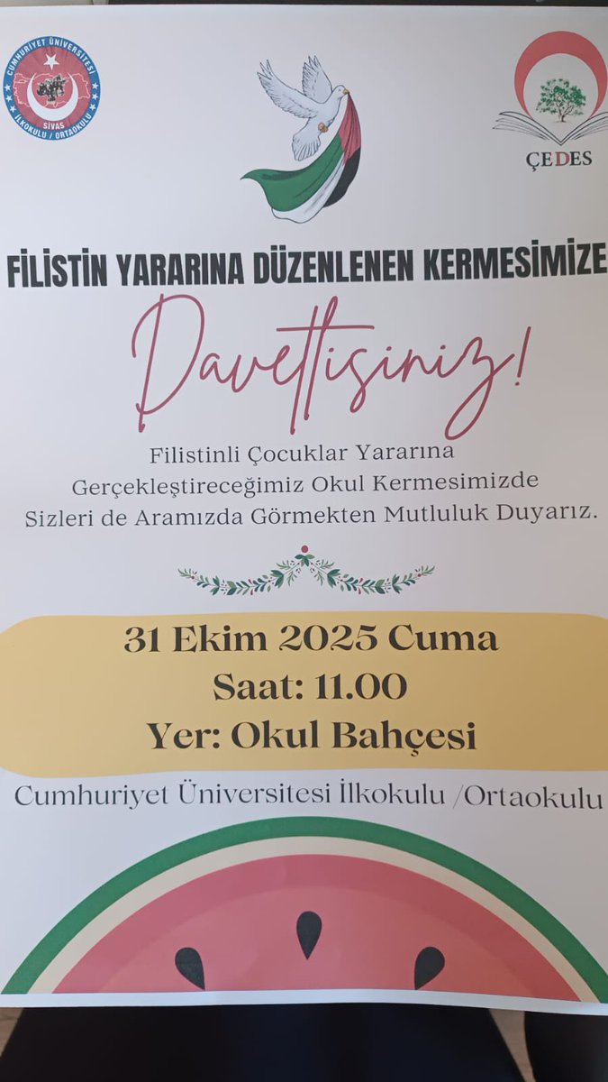 Cumhuriyet Üniversitesi İlkokulu Ortaokulu tarafından "Filistinli Çocuklar Yararına" düzenlenecek olan kermes bu Cuma.

Duyalım, duyuralım Yiğidolar.