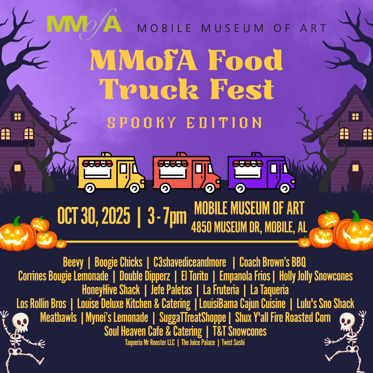 🎃 Get down to MMofA tomorrow for Free Thursday!​

It’s FREE to all Alabama residents with a valid ID! 

✨ Explore all of our current exhibitions, get inspired, get creative, and bring your appetite for Food Truck Fest: Spooky Edition from 3–7 PM!