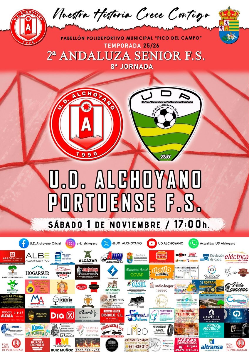 | 𝐉𝐎𝐑𝐍𝐀𝐃𝐀 𝟖 𝐒𝐄́𝐍𝐈𝐎𝐑 𝐁

🏆 Jornada 8 · Temporada 25/26
🆚 Portuense FS UD
🏟️ Pabellón Municipal “Pico del Campo”
🗓️ Sábado, 1 de noviembre de 2025
⏰ 17:00 h
🎟️ 2€ / Socios gratis

❤️🤍 ¡Vamos, Alchoyano!

#UDAlchoyano 🔴⚪️
#NuestraHistoriaCreceContigo ❤️🤍