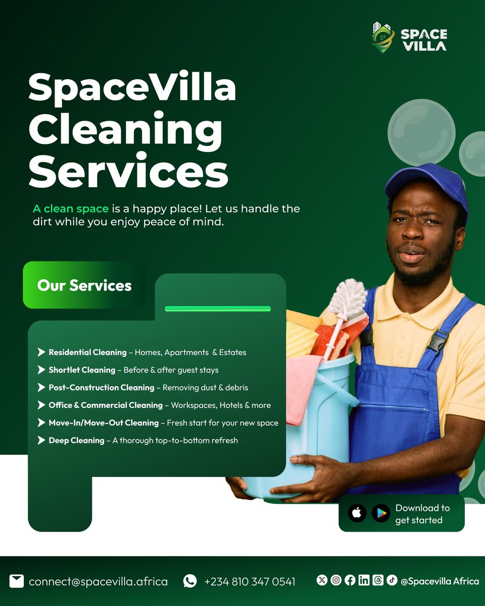 SpacevillaA's tweet photo. ✨ A clean space is a happy space!
Let SpaceVilla handle the dirt while you enjoy peace of mind.
From homes to offices, we make every corner shine! 💚
📞 Call or WhatsApp:08103470541
📧 connect@spacevilla.africa

#SpaceVilla #CleaningServices 
Soludo Kucoin Igbo FOMC Jamaica https://t.co/bXVge81IVO