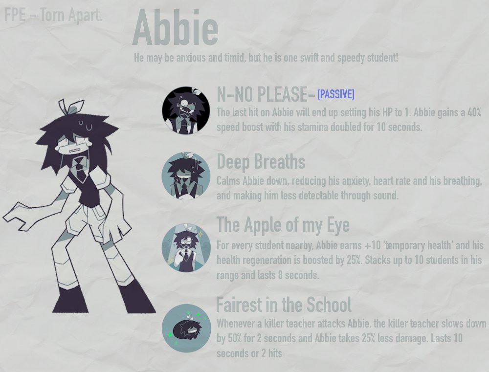 norilianball's tweet image. #FPETornApart 2/23

Abbie is EXTREMELY anxious, but his magnificent speed and agility makes him hard to catch!

• Abbie's has a heart rate monitor, which increases the closer a killer teacher is to him.

[Ability icons by @breadogod]
