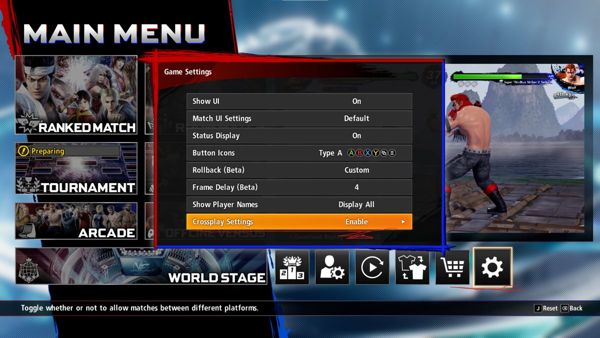 Important PSA for Virtua Fighter 5 REVO World Stage players:

Crossplay for netplay is not enabled by default!

It needs to be turned on in the GAME SETTINGS menu!

Turn this on if you want to play against players using different consoles online. Not sure why it's off by default.