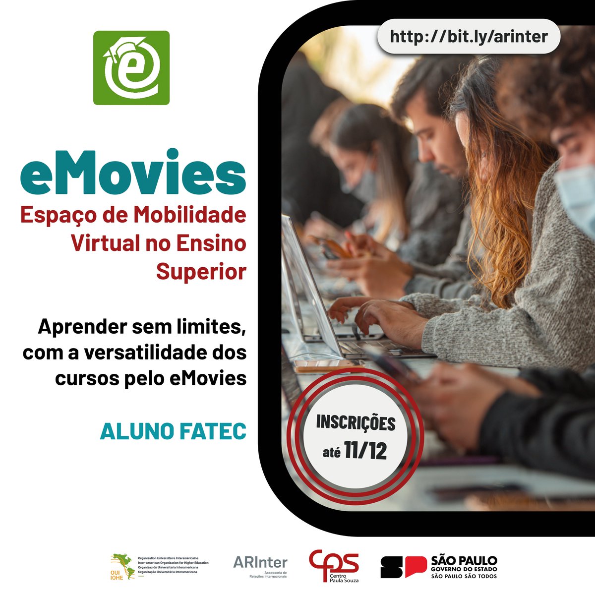 arintercps's tweet image. Estudantes da FATEC, sua chance de ampliar horizontes acadêmicos já está aberta para o 1.º semestre de 2026

Confira o site do programa:
emovies.oui-iohe.org

📅 Inscrições até 11/12
arinter.cps.sp.gov.br/editais-aberto…

❓ Dúvidas?
mobilidade.arinter@cps.sp.gov.br

@arintercps #ARInterCPS