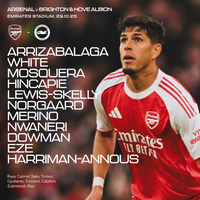 Arsenal's tweet photo. 🔴 𝗧𝗘𝗔𝗠𝙉𝙀𝙒𝙎 ⚪️

🧱 Mosquera and Hincapie at the back
©️ Merino skippers the side
🆕 Dowman and Harriman-Annous start for the first time

Let's book our spot in the next round, Gunners 👊