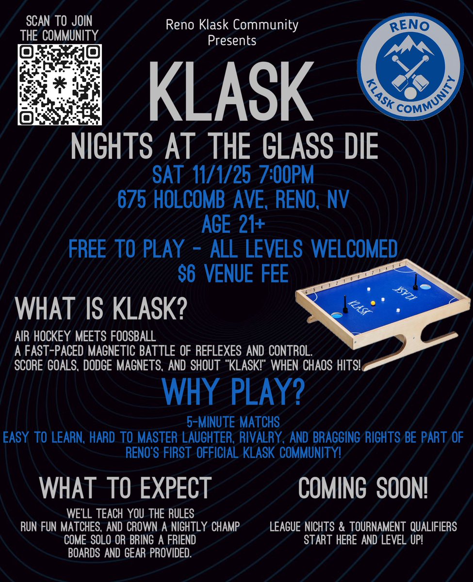 Renoklask's tweet photo. 🎯 KLASK Night Returns!
First event at The Glass Die was a HUGE success — 15+ players showed up for magnetic mayhem! 🧲💥

Join us Sat, Nov 1 @ 7PM at The Glass Die for Round 2!
Free to play · $6 venue fee · 21+
Boards &amp; gear provided — all levels welcome!
#Klask #Reno https://t.co/YYM0dAmwW2