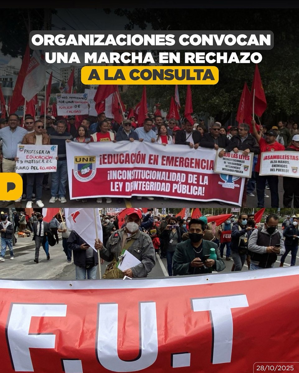 El Frente Unitario de Trabajadores y la Unión Nacional de Educadores anunciaron para el 12 de noviembre una movilización masiva en Guayaquil, Cuenca y Loja. La marcha busca promover el voto por el “NO” para la Consulta, mientras defienden educación, salud y presupuesto social.