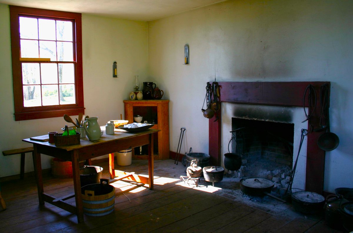 A reconstruction of an eighteenth-century kitchen, at James Monroe's homestead museum. Ash in the food must have been a chronic problem with fireplace cooking.