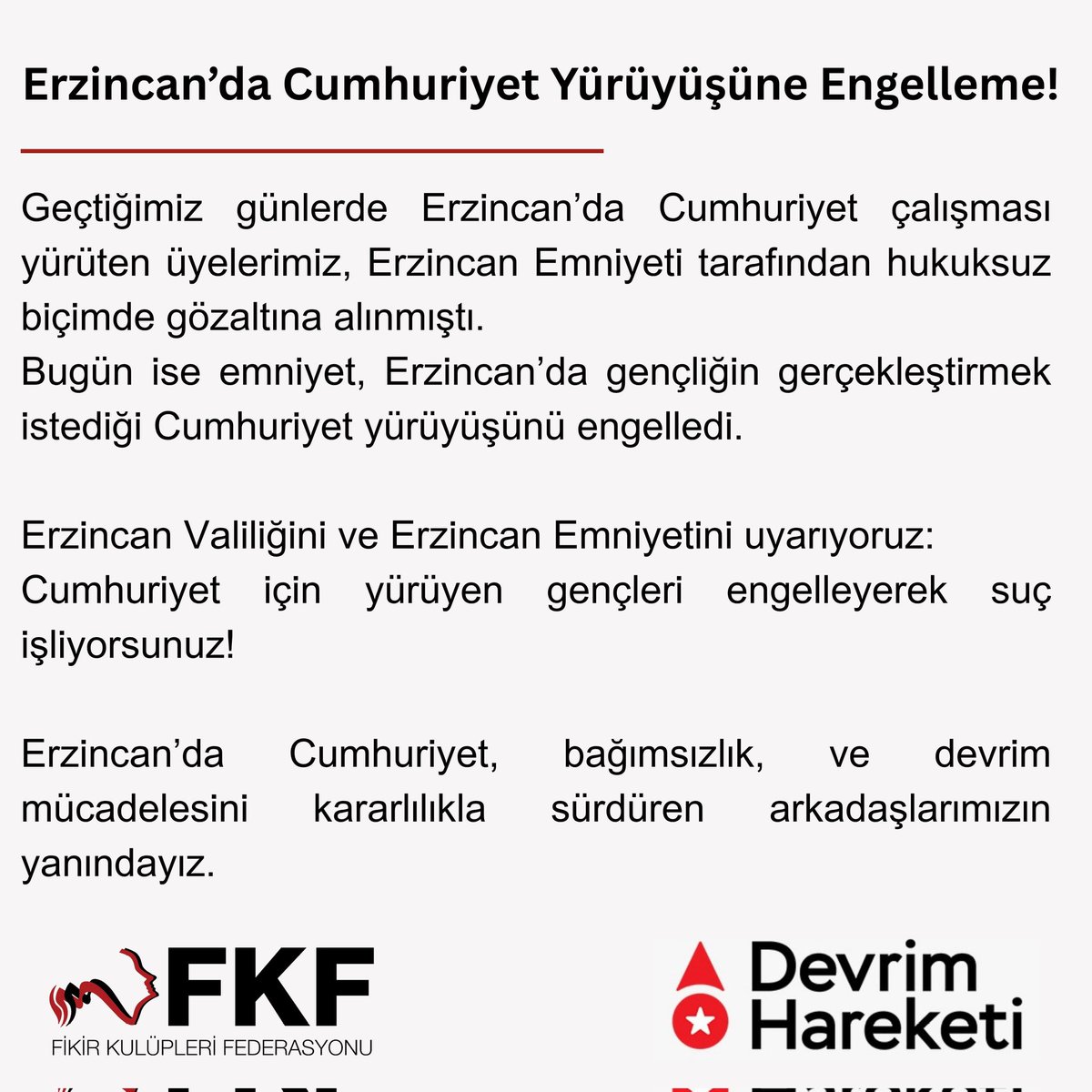 📌Erzincan’da 29 Ekim Cumhuriyet Yürüyüşüne Engelleme!

Geçtiğimiz günlerde Erzincan’da Cumhuriyet çalışması yürüten üyelerimiz, Erzincan Emniyeti tarafından hukuksuz biçimde gözaltına alınmıştı.
Bugün ise emniyet, Erzincan’da gençliğin gerçekleştirmek istediği Cumhuriyet