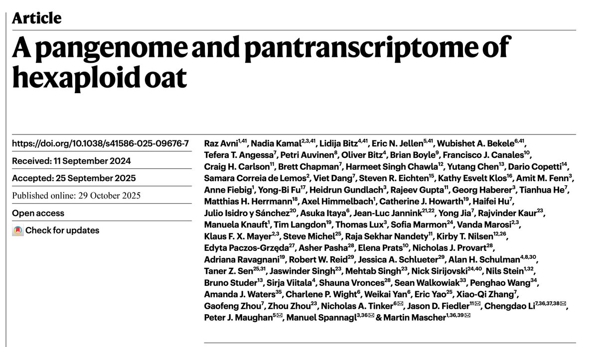 HexaploidSingh's tweet image. Oat Pangenome and pantranscriptome is out in Nature! Feeling beyond proud to have contributed to this milestone - A massive leap for oat research and crop improvement! Big cheers to Singh Lab (@JaswinderMcGill ) and great collaborators across the globe!
nature.com/articles/s4158…