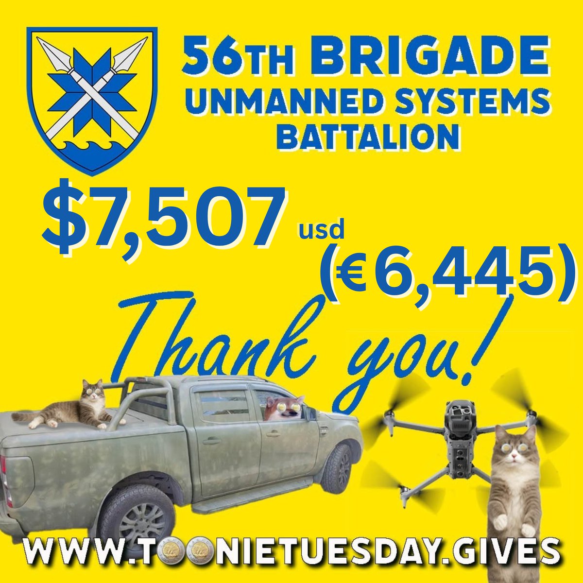 😇Angels of Donbas😇

Tooniacs delivered!! 💥€6,445  ($7,507 usd) raised towards the €9,250 goal for the 56th Motorized Brigade! The pickup has been funded and €2,805 is still needed to purchase the Matrice 4T.

Huge thanks to everyone who donated, reposted, commented—you made