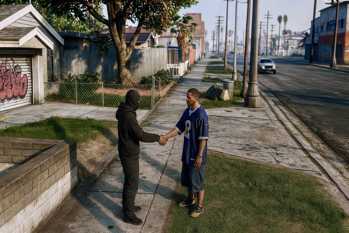 Forgerp2025's tweet photo. “2 Men Spotted Making a Handoff of Some Sort on Grove Street. The Masked Man has Been Identified as FIB’s Most Wanted Fugitive, Vinny Santoro. We Ask All Civilians in the Area to Stay Inside and LOCK YOUR DOORS!” #ForgeRP https://t.co/R7Ctxtb2uv