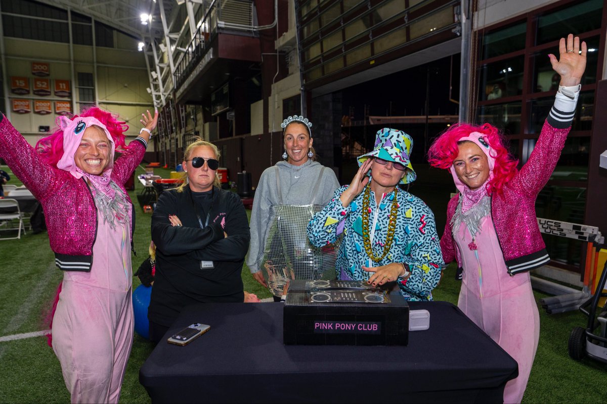 CoachWaags's tweet photo. Shoutout to best staff for executing a creative costume take on Pink Pony Club, a music staple in the @HokiesLax locker room!  DJ ☑️ Club security ☑️ Disco ball ☑️ 2 pink ponies ☑️ https://t.co/NM4D2QfWUi