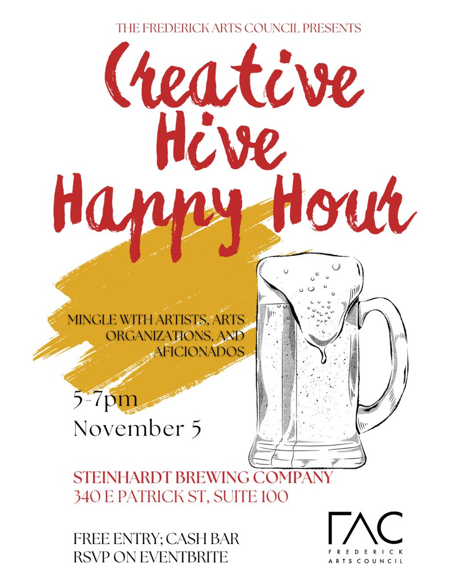 Join us for a Creative Hive Happy Hour on Nov 5th at 5p at Steinhardt Brewing Co (340 E Patrick St) for a chance to mingle with other local creatives! Register on Eventbrite so we know you'll be there. 
eventbrite.com/e/creative-hiv…