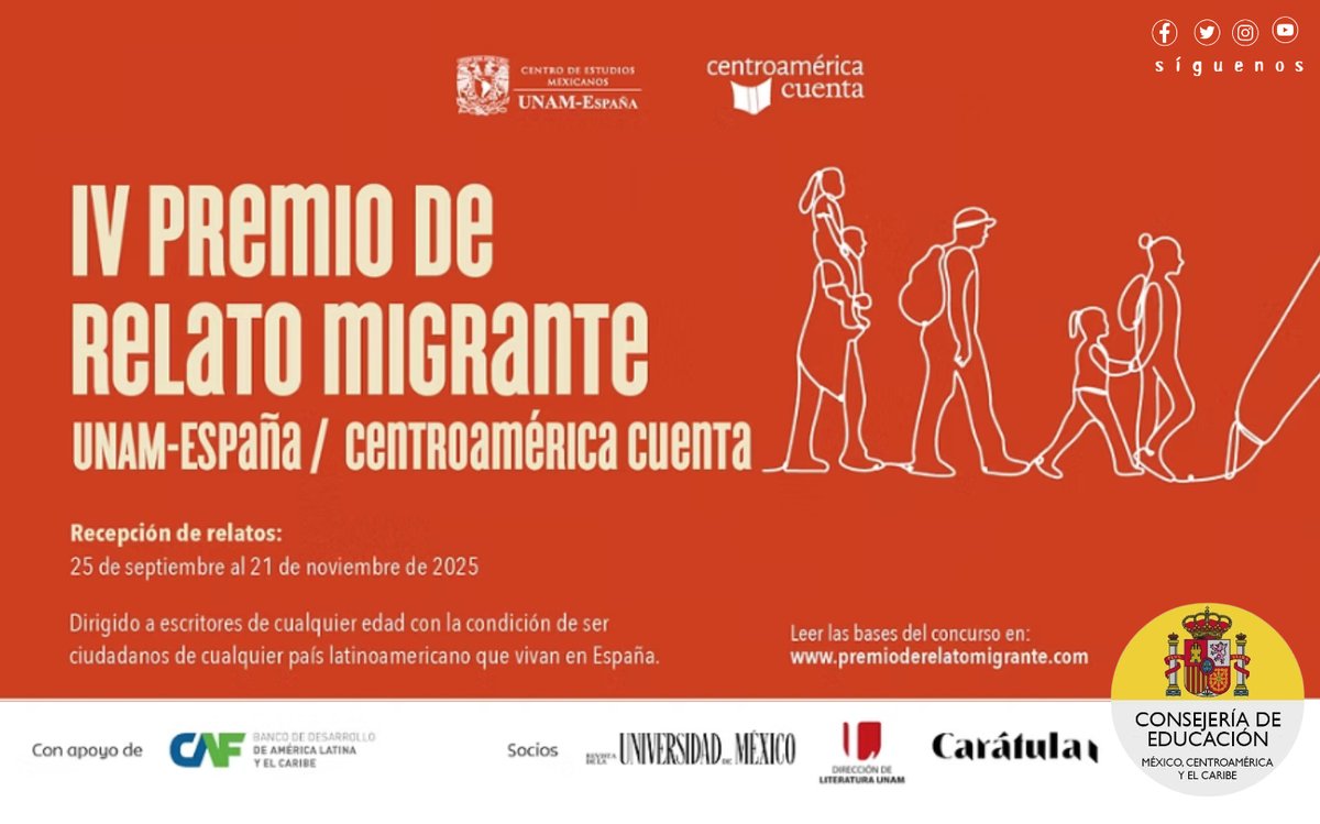 consejeriaedumx's tweet image. ✍️¿Eres latinoamericano y vives en España?
¡Haz que tu voz cruce fronteras! 📝🇪🇸

Participa en el IV Premio de Relato Migrante @UNAMEspana / Festival Centroamérica 2025 y gana 1.000 € con tu relato.

Consulta las bases: goo.su/Uxn0uKn
🗓️Hasta el 21 de nov.
#ViveEspaña