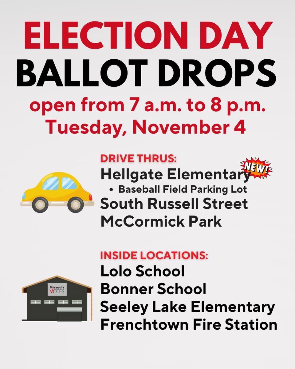 We will have seven locations to drop your ballot off on Election Day, Nov. 4, from 7a-8p. This is a countywide election. If you haven’t received your ballot yet, check your voter status at myvoterpagemt.com