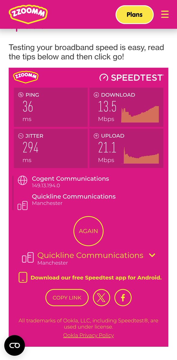 BDBGXI's tweet photo. @zzoommfullfibre Paying for 150MB speeds and been getting this consistently now for over 2 weeks. Resetting the router doesn't work and can't get through to you on the phone... Not great. #Zzoomm #slowspeeds #badinternet https://t.co/XHhV1LV0Yz