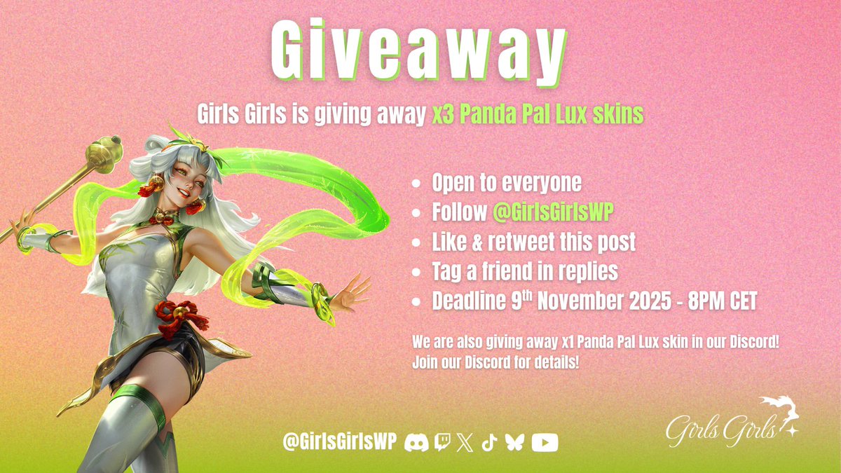 🎉 It's giveaway time!
Girls Girls is giving away x3 Panda Pal Lux skins 🐼🌱
🪷 Open to everyone
🪷 Follow <a href="/GirlsGirlsWP/">Girls Girls - Women Play</a>
🪷 Like &amp; retweet this post
🪷 Tag a friend in replies

📆 Deadline 9th of November - 8PM CET