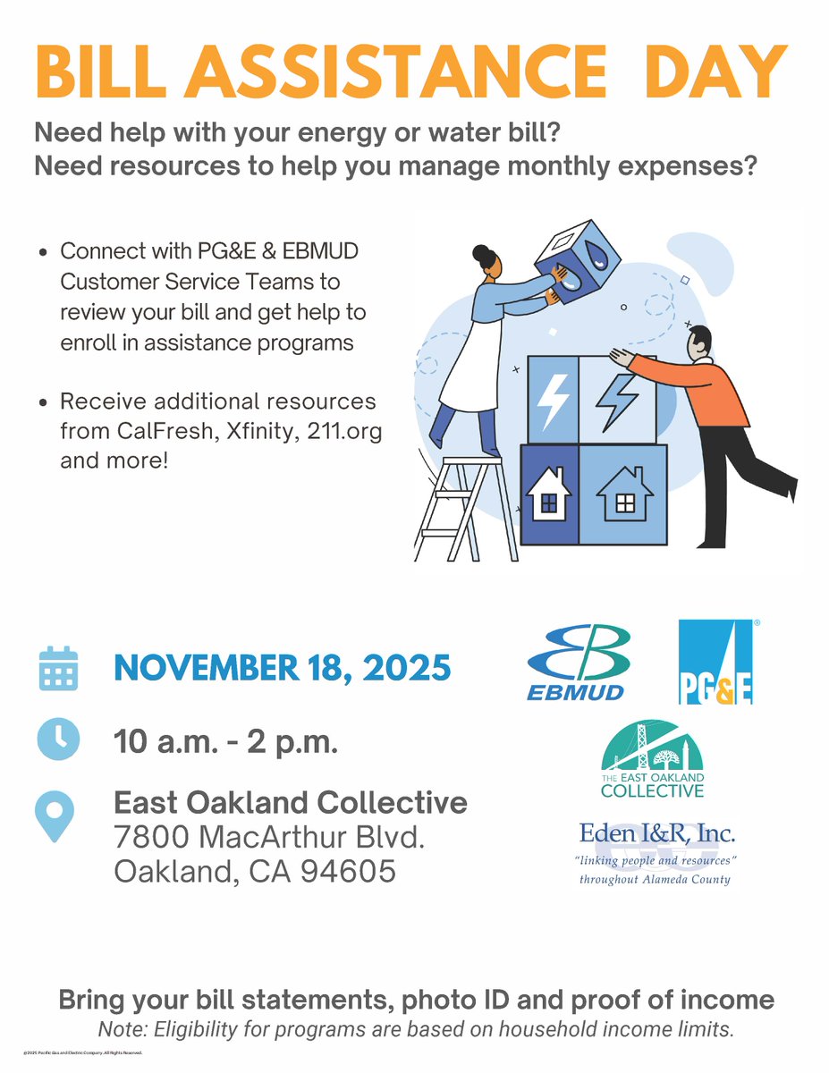 Join @EBMUD, <a href="/pg/">PG Holmlov</a>&amp;e and @eoakcollective for a Community Resource Fair Bill Assistance Day on 11/18/25. Get help applying for assistance programs, and resources from CalFresh, Xfinity, 211.org and more.