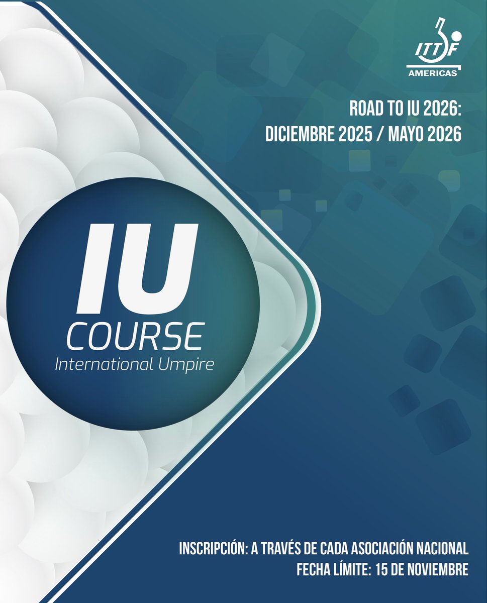 El Departamento de Arbitraje de ITTF Américas invita al Curso de Formación para Árbitros de Tenis de Mesa rumbo al Examen de Árbitro Internacional 2026. 

🗓 Duración: diciembre 2025 – mayo 2026
💰 40 USD por persona
⏰ Fecha límite 15 NOV
📧 Más info urc@ittfamericas.org