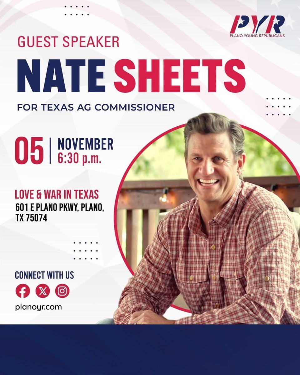 natesheetsforTX's tweet photo. Very excited for next week and to speaking - (@YRPlano) Plano Young Republicans, at Love &amp; War in Texas Restaurant!!

Friends, come out and join next week!!

When: 11/5 (Wednesday)
Time: 6:30 PM
Where: Love &amp; War in Texas (601 E Plano Parkway, Plano) https://t.co/ZWKwyXEg8y