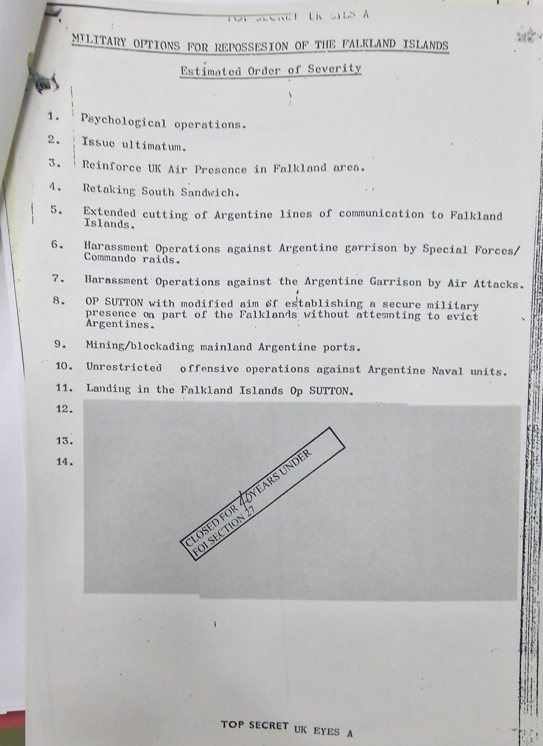 pinstripedline's tweet image. On 29 April 1982 the Service Chiefs considered military options for repossession of the Falkland Islands.

14 options were presented &quot;in ascending order of severity&quot;.  3 of those options remain classified. What options to win the war could have been considered?

Thread/