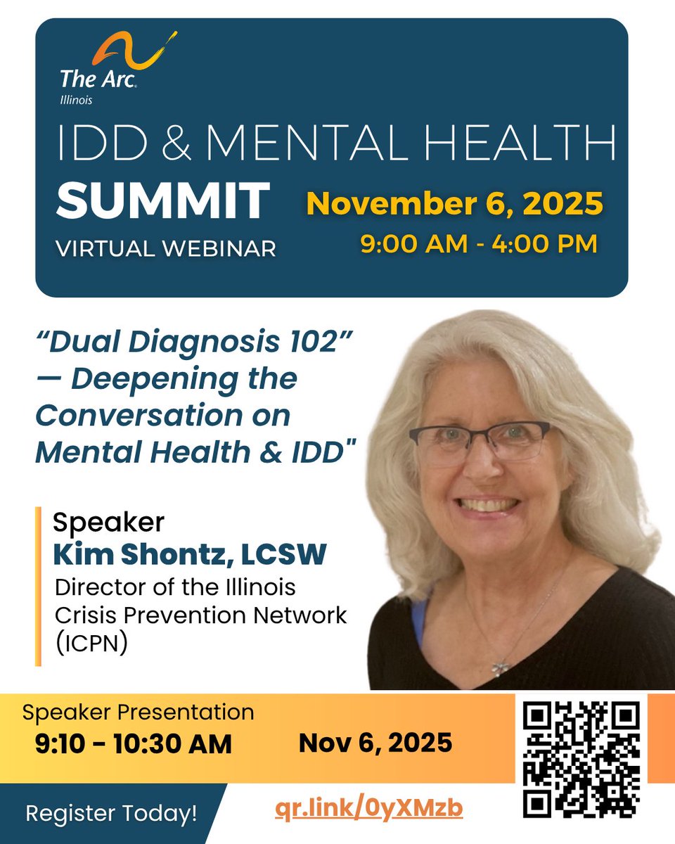 ✨We're thrilled to welcome Kim Shontz, LCSW, back to the IDD &amp; Mental Health Summit!
Nov 6, 2025 | 9:00 - 4:00 PM
Virtual Webinar
Register: qr.link/0yXMzb — Don't wait—secure your spot NOW!
#IDDandMentalHealthSummit #DualDiagnosis #MentalHealth #TheArcofIllinois