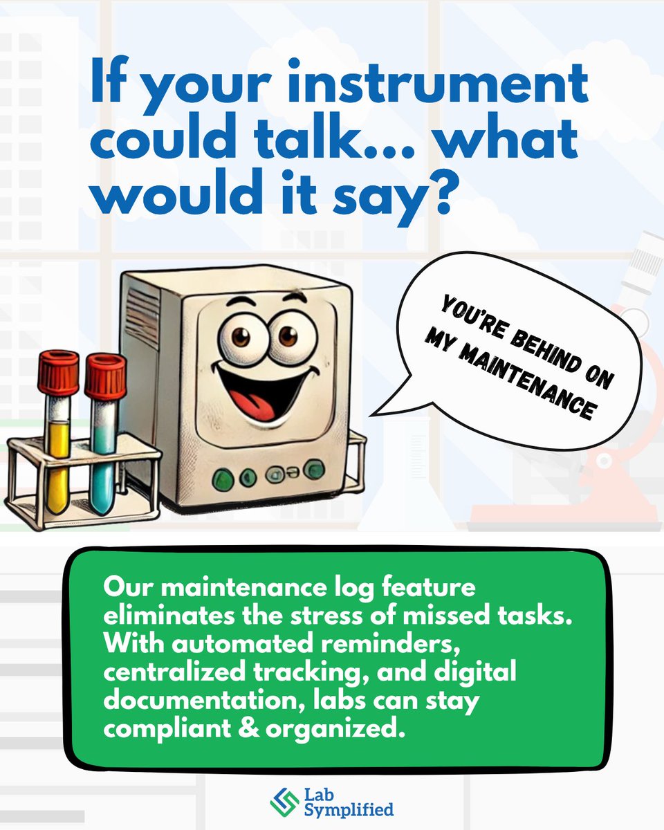 labsymplified's tweet image. If your analyzer could talk… would it thank you or call you out? 👀

With automated reminders, centralized tracking, and digital documentation, our maintenance log feature keeps your lab compliant, organized, and stress-free