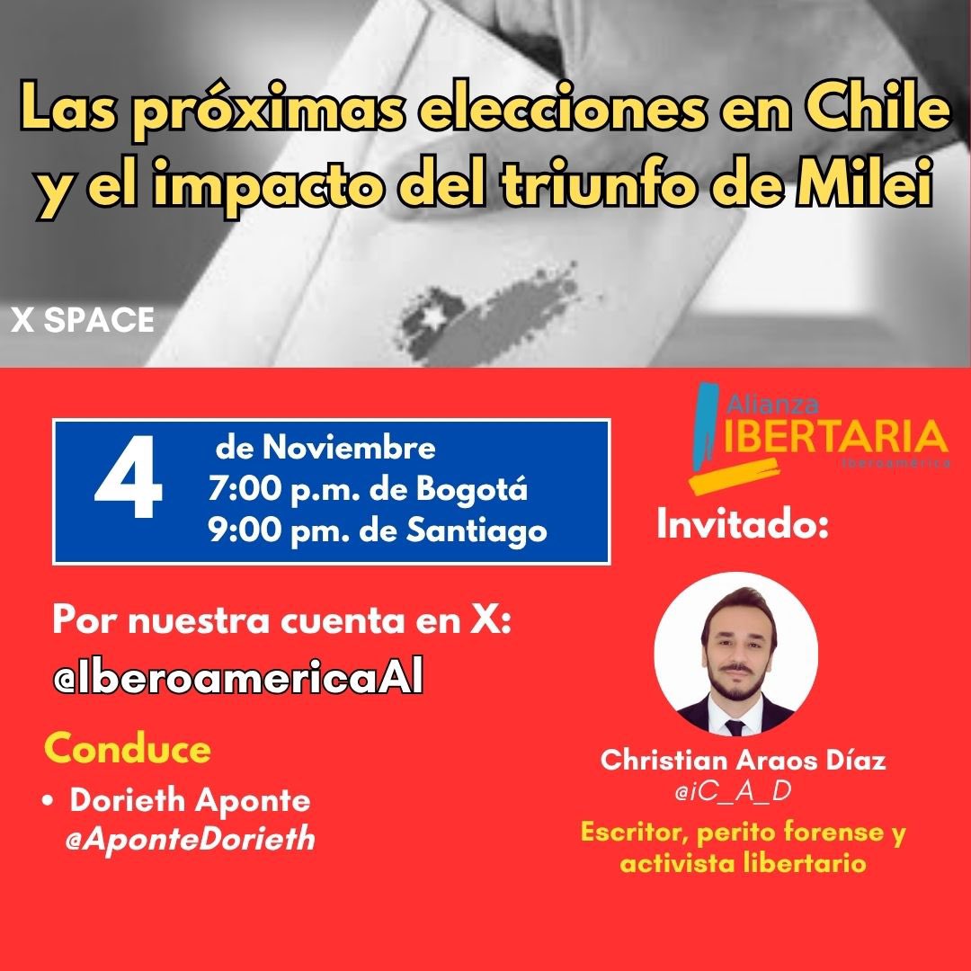 Próx Martes por #XSpace de #AlianzaLibertaria

El triunfo de Milei y su impacto en la elección presidencial de Chile 🇨🇱 con <a href="/iC_A_D/">Cristián Araos Díaz</a>

Martes 4 de Nov
7 pm Bogotá
9 pm Santiago

6 pm 🇲🇽🇬🇹🇭🇳
7 pm 🇨🇴🇵🇦
8 pm 🇻🇪🇺🇸
9 pm 🇦🇷🇺🇾🇧🇷🇨🇱
+ 1, 2 am 🇪🇸

 x.com/i/spaces/1yNGa…