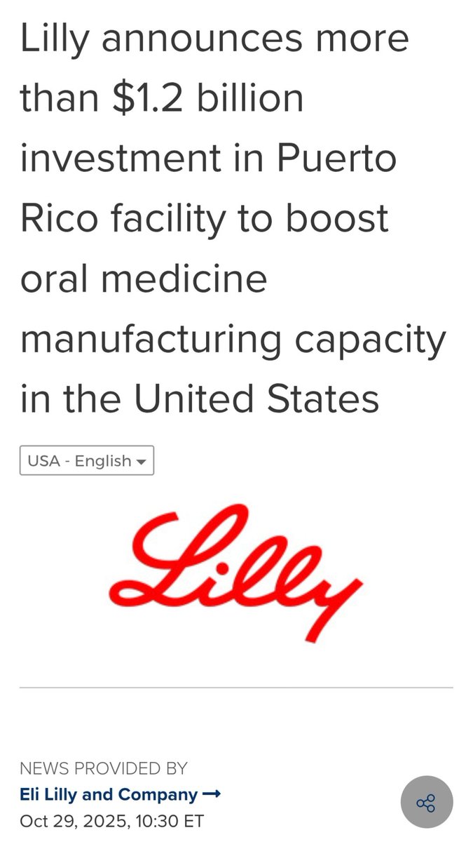 Eso es Eli Lilly &amp; Company! $1.2 billones, un nuevo record en Puerto Rico para un "greenfield site". Gracias Lilly y gracias a todos y cada uno de los asociados de Lilly, esto es un reconocimiento a su capacidad técnica, méritos y esfuerzo.

✅️ 1,100 nuevos empleos entre