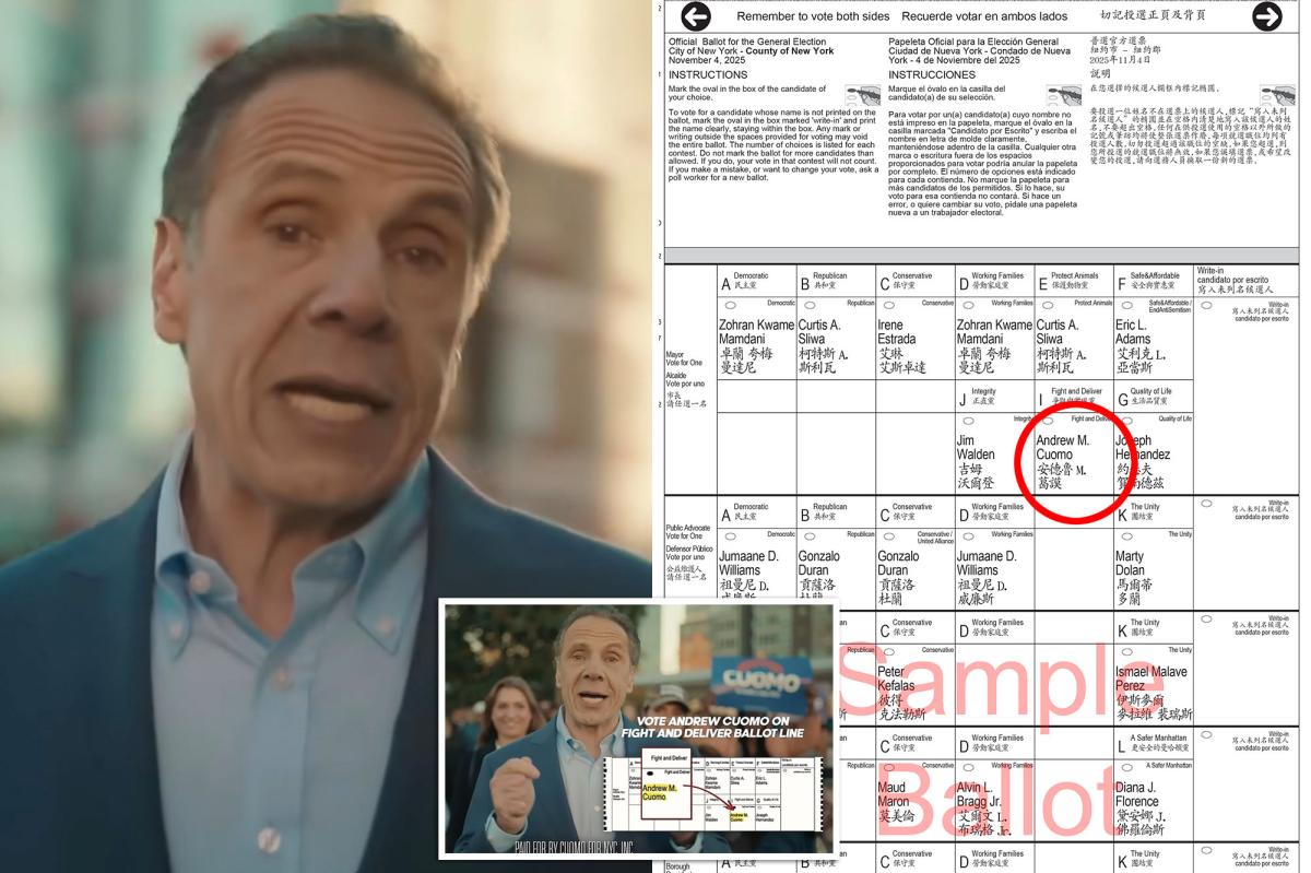 nypost's tweet image. Andrew Cuomo’s name is buried so deep on ballot his latest NYC mayoral campaign vid shows voters where to find it trib.al/kIApZod