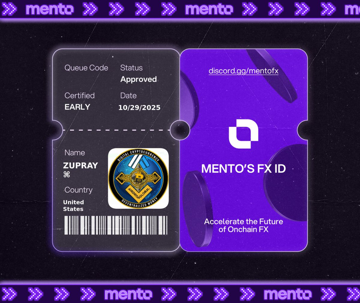 sultan31052872's tweet photo. Licensed to trade the internet’s FX layer. 

Claimed my FX ID on https://t.co/fNCY12KUou 

 every currency, onchain with @MentoLabs  $MENTO https://t.co/bJCe767Nb9