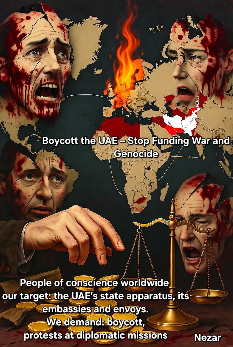 Nezaralmou's tweet photo. 📢The UAE is not a peace broker. It is a war contractor funding militias, stealing African gold, and fueling division. The world must rise. Boycott now.”
#BoycottUAE #StopResourceGrab #AccountabilityNow #JusticeNotDeals https://t.co/A4xjjo0uPO