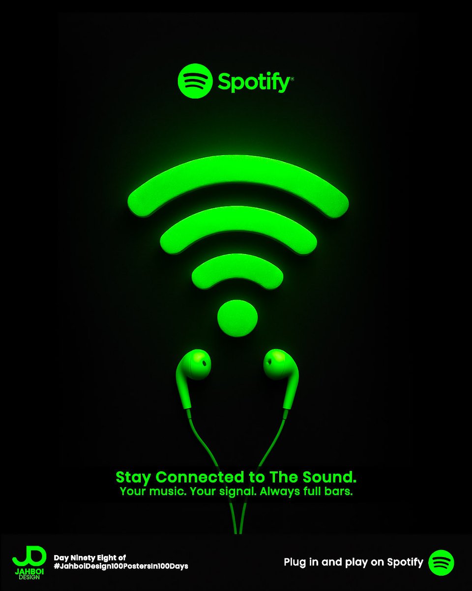 jahboidesign's tweet photo. Day 98/100 Poster Ad for Spotify 🎧

Stay connected to the sound you love.
Your music. Your signal. Always full bars.

@SpotifyAfrica @Spotify https://t.co/NJzGniTcnT