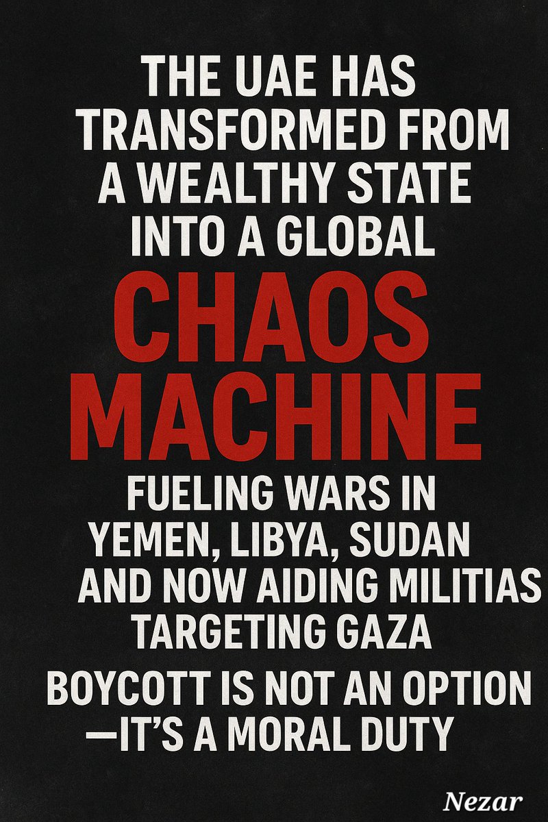 Nezaralmou's tweet photo. 📢The UAE is not a peace broker. It is a war contractor funding militias, stealing African gold, and fueling division. The world must rise. Boycott now.”
#BoycottUAE #StopResourceGrab #AccountabilityNow #JusticeNotDeals https://t.co/A4xjjo0uPO