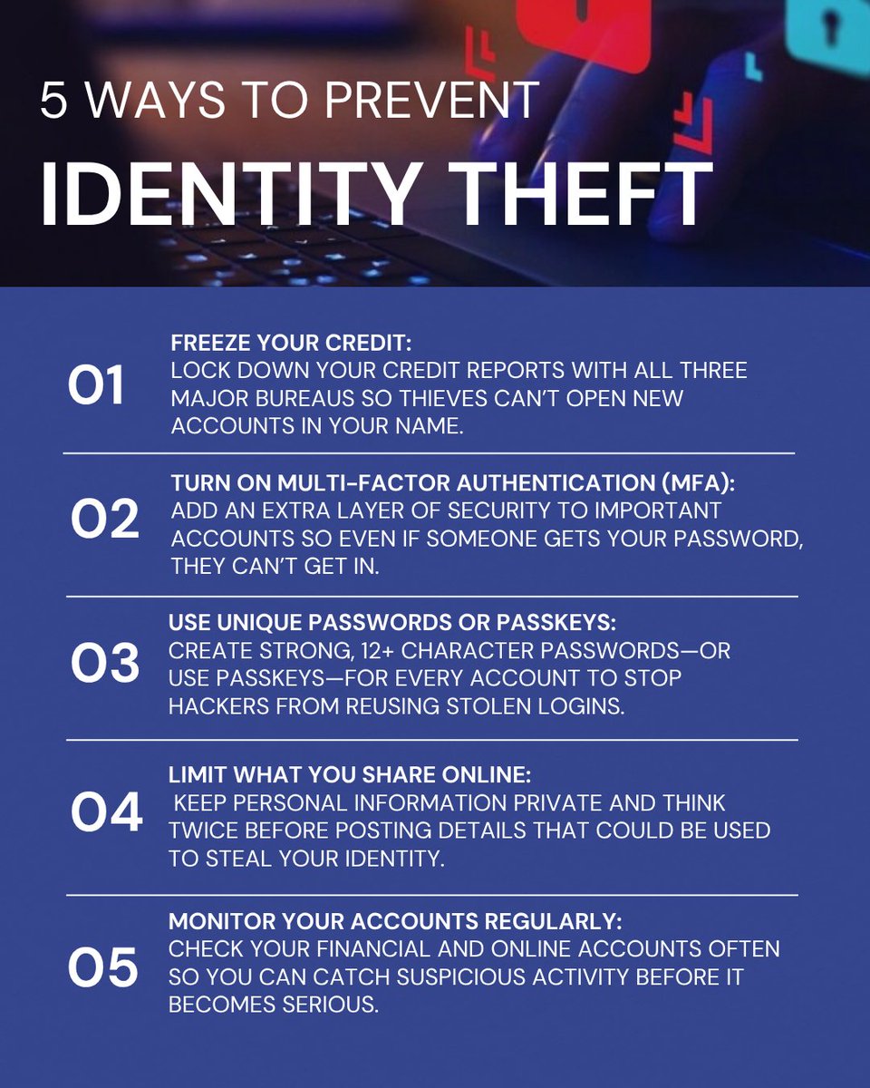 Scammers are working overtime, but so are we. Keep your personal info on lockdown with these 5 simple steps to help stop identity thieves in their tracks. Learn more here: idtheft.center/3JnjEFX