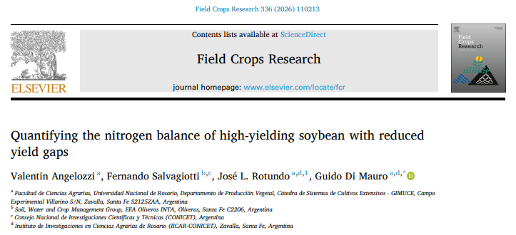 Recientemente cuantificamos la contribución de la fijación biológica de N y el balance de N en lotes de soja que mostraron brechas de rendimiento reducidas en la región Central de Argentina.
sciencedirect.com/science/articl…